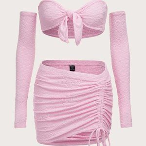 SHEIN ICON Knot Front Tube Top & Drawstring Bodycon Skirt & Arm Sleeves Pink